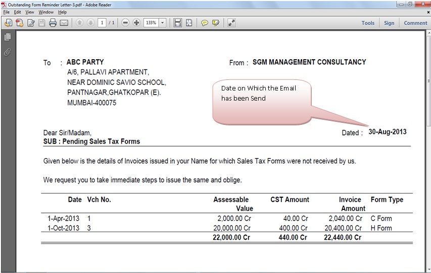 Reminder Letter Email Form Receivable